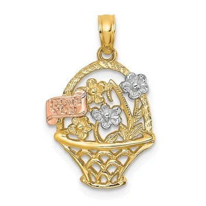14k Yellow and Rose Gold with Rhodium Flowers In Basket w/ I Love You Pendant - Picture 1 of 4