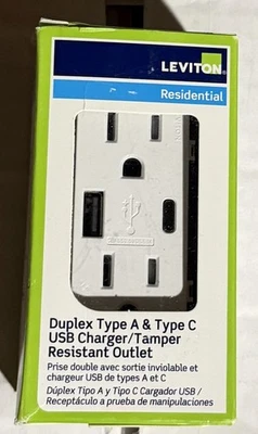 Cargador USB Leviton T5633-W 15 Amp Tipo A y C Toma Resistente a Manipulaciones - Blanco Foto 1 de 3