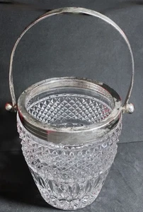Vintage Beautiful Diamond Hobnail Crystal Ice Bucket Silver Plate Trim & Handle - Picture 1 of 11