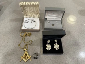 Jewelry Lot Assorted Freemason Necklace Ring, Sterling Silver Diamonds, Earrings - Picture 1 of 12