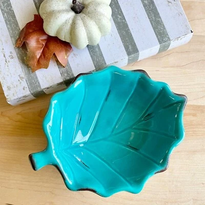 Nuevo plato rústico otoño hoja aguamarina envejecida cerámica esmaltada cosecha otoño decoración Foto 1 de 4