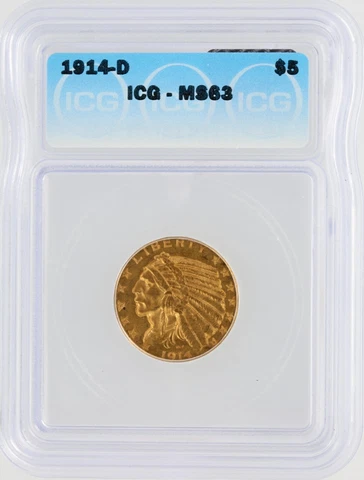 1914-D Half Eagle ICG MS63 $5 Denver Minted Indian Head Gold Coin Cover