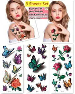 Juego de 3 Hojas Impermeables Tatuaje Temporal Pegatinas Mariposa Brazo y Arte Corporal - Imagen 1 de 11
