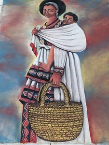Pintura etíope vintage sobre lienzo madre llevando a un bebé de manera tradicional, arte - Imagen 1 de 2