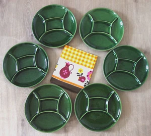 6 Fondueteller Raclette Antipasti Teller Keramik grün 60er 70er Vintage - Bild 1 von 7