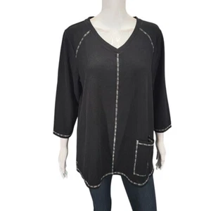 LOGO Lounge by Lori Goldstein 3/4-Sleeves Top with Coverstitch Large Size Black - Picture 1 of 11