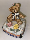 Vintage 1997 Lefton Porcelain Teddy Bear On Cushion Music Box Tested Roses Bow