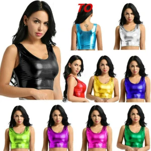 Damen Wetlook Lederoptik Crop Top ärmello Bauchfrei Vest Bustier Bluse Unterhemd - Picture 1 of 160