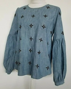 Gap Womens Chambray Boho Blouse Top Embelished Jeweled Bell Sleeves Size M - Picture 1 of 3