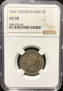 1942 New Zealand One Shilling Silver Coin - NGC AU 55 - SKU-F9753 - Picture 1 of 4