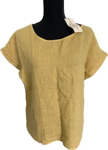 Terzo Millennio 100% Linen Mustard Yellow High Lo Blouse Top Buttons Italy S NEW - Picture 1 of 14