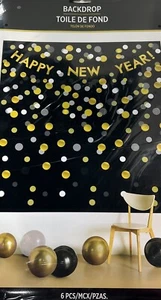 Black, Silver & Gold Happy New Year Plastic Scene Setter, 8.3ft x 9ft - Picture 1 of 2