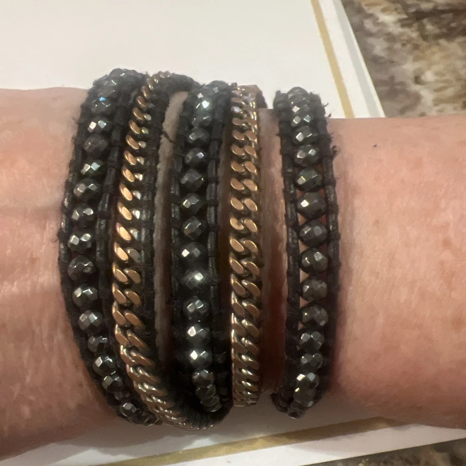 Pulsera Victoria Emerson Cristal Metal Cuentas Cuero Firmado Negro/Cobre Foto 1 de 1