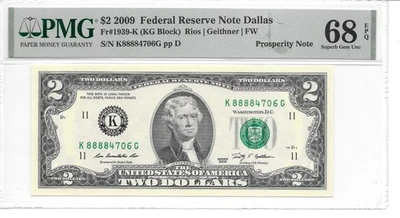 2009 Dallas $2 FRN Lucky Money KG Block PMG 68 EPQ Superb Gem Unc. (K88884706G) - Image 1 of 2