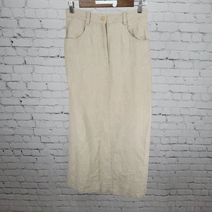 VTG British Khaki Beige 100% Linen Unlined Back Slit Pockets A Line Skirt Size 4 - Picture 1 of 14