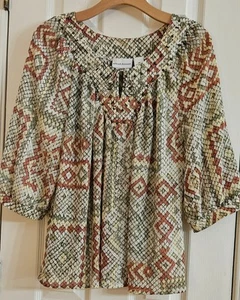 Alfred Dunner Peasant Shirt Women's 14P Beaded Reptile Print Green & Coral Sheer - Picture 1 of 6
