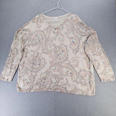 J Jill Sweater Womens 2X Beige Paisley V Neck Lightweight Knit Top Boho - Image 1 of 4