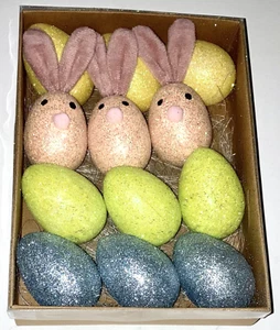 Box of 12 Multicolor Glittered Easter Eggs, 3 Pink Eggs Are Bunny Designed - Picture 1 of 6
