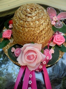 Strohhut Wanddekoration Türkranz Rosa Rosen Schmetterling Dekoration 18cm Deko - Bild 1 von 12