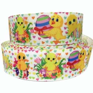 GROSGRAIN RIBBON 5/8", 7/8", 1.5" & 3" Easter Chick Eggs Hearts E7T Printed  - Picture 1 of 1