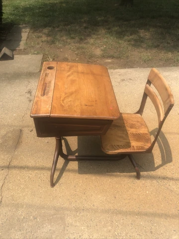 Vintage Metal Wood Child School Student Desk with attached Chair Cover