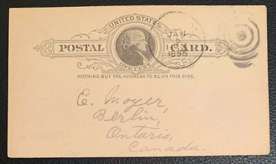 1895 US POSTAL CARD UX9 LADIES CLUB PYTHIA RIVERSIDE CALIFORNIA-ONTARIO CANADA - Image 1 of 2