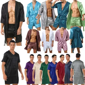 Albornoz de satén para hombre kimono de seda bata con cinturón ropa de dormir media manga camisón - Imagen 1 de 97