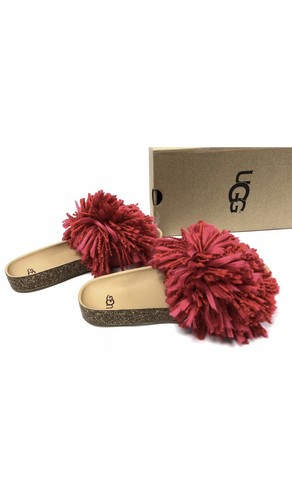 SANDALI UGG CINDI FILATO FRANGIA SUOLA SUGHERO SLIDE NASTRO ROSSO US 6 5 UK 4 5