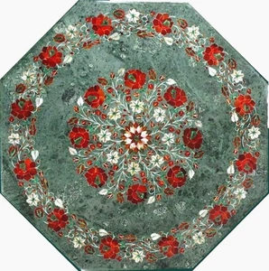 Green Marble Coffee Table Top with Carnelian Stone Inlay Work Hallway Side Table - Picture 1 of 4