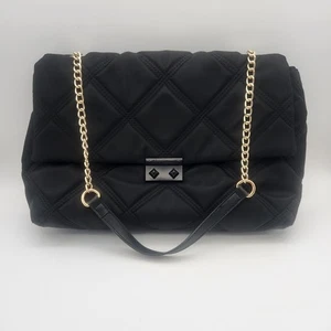 Betsey Johnson Shoulder Bag Black Quilted Gold Half Chain Faux Leather - Picture 1 of 24