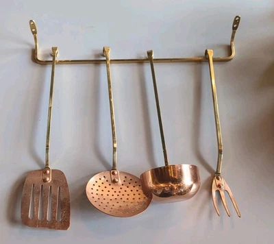 VINTAGE DOURO B & M  BRASS- COPPER  KITCHEN UTENSILS w HANGER-exc condition - Image 1 of 4