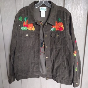 Quacker Factory Fall Pumpkin Corduroy Embroidered Jacket Sz Medium Fast Ship - Picture 1 of 6
