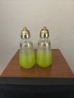 Vintage Retro Frosted Glassware, Green Salt And Pepper Shakers W/Brass Tops