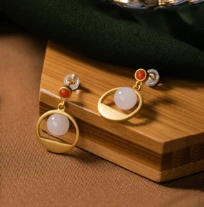 I02 Earring Silver 925 Plated Circle Kreissegment Ball Made Of Jade Red Agate - Imagen 1 de 7