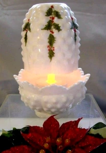 FENTON"FAIRY LIGHT/LAMP"CHRISTMAS"HOLLY"HAND PAINT"HOBNAIL GLASS~MINT"VTG~70's - Picture 1 of 7