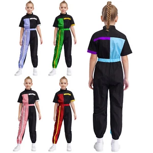 Kids Girls Bodysuit Unitards Jumpsuit Elastic Catsuit Cheer Color Block Stree - Picture 1 of 45