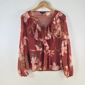 Basque womens blouse top size 14 red floral long sleeve ruffle Vneck 112842 - Picture 1 of 8