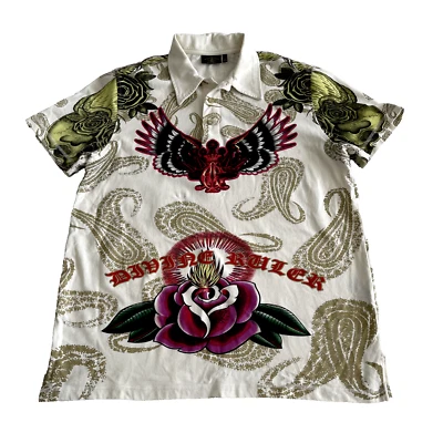 Camisa Christian Audigier Extra Grande XL Polo Estampado Completo Calavera Para Hombres Y2K Foto 1 de 4
