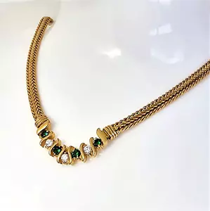 Stilvolle goldfarbene grüne Kristall Strass V Halskette 18" L geflochtene Kette Korea - Bild 1 von 5