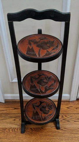 Vintage 3-Tier Solid Wood Round Carved Folding Table Pie Stand Plant Shelf Cover