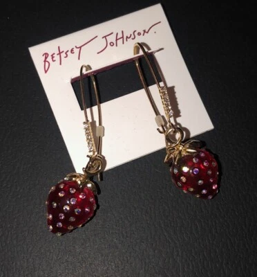 Pendientes colgantes Betsey Johnson tono dorado acrílico rojo fresa acento cristal nuevos con etiquetas Foto 1 de 4