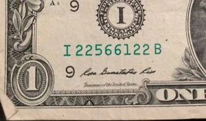 1 Dollar Schein 2009 Fancy Doubles Buchstütze Seriennummer I 22 5 66 1 22 B - Bild 1 von 3