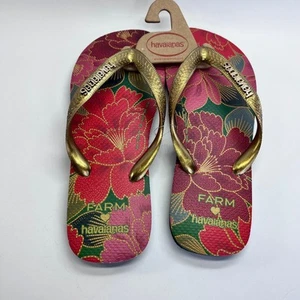Havaianas Farm Rio Floral Flip Flops Size 9/10 Red Cushioned Brazilian Sandals - Picture 1 of 7