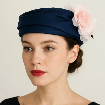 Vintage 1950s Navy Blue Hat Pink Flower Trim Size 22 1/2 Pillbox Fascinator - Image 1 of 4