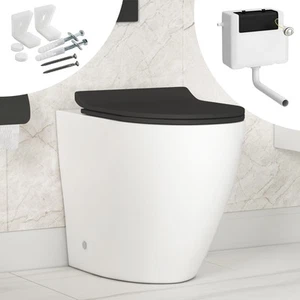 Elva Comfort height Rimless Back to wall Toilet BTW Pan and cistern & Black Seat - Picture 1 of 15