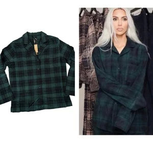 NEW SKIMS Flannel Cypress Plaid Sleep Shirt Green Black Oversized Size Small - Picture 1 of 10