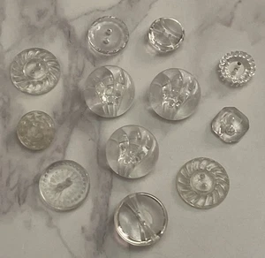 Vintage 12 Czech Clear Depression Crystal Glass Crafting Buttons 107-6 - Picture 1 of 13
