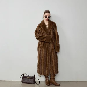 New Elegant Women's Slimming  Collar Bat Sleeves Jacket Mink Fur Warm Long Coat - Picture 1 of 21