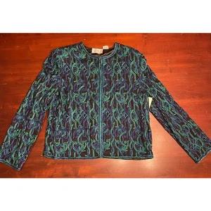 Giacca Vintage Scala NUOVA Seta Completamente Foderata Perline Blu e Verde NOS M Medium - Foto 1 di 9