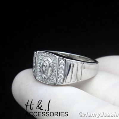 ANILLO CUADRADO HOMBRE PLATA ESTERLINA 925 SÓLIDO ICY BLING CIRCONITA CÚBICA VIRGEN MARÍA*SR219 Foto 1 de 4